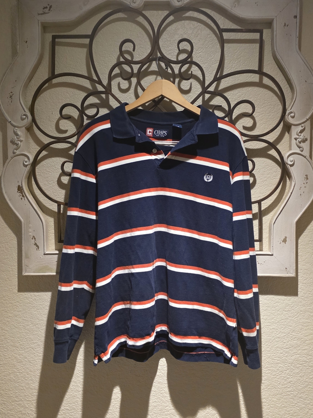 Chaps Navy Long-Sleeve Polo with Red & White Stripes